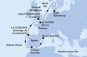 Španielsko, Francúzsko, Veľká Británia, Nemecko z Barcelony na lodi MSC Euribia