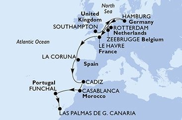 Veľká Británia, Nemecko, Belgicko, Holandsko, Francúzsko, Španielsko, Maroko, Portugalsko zo Southamptonu na lodi MSC Euribia