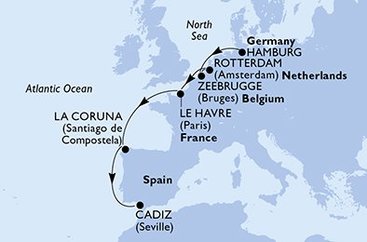 Nemecko, Belgicko, Holandsko, Francúzsko, Španielsko z Hamburgu na lodi MSC Euribia