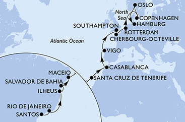Brazília, Španielsko, Maroko, Veľká Británia, Francúzsko, Holandsko, Dánsko, Nórsko, Nemecko zo Santosu na lodi MSC Preziosa