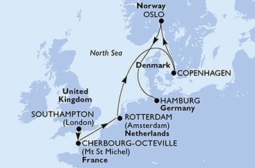 Veľká Británia, Francúzsko, Holandsko, Dánsko, Nórsko, Nemecko zo Southamptonu na lodi MSC Preziosa