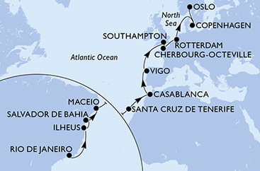 Brazília, Španielsko, Maroko, Veľká Británia, Francúzsko, Holandsko, Dánsko, Nórsko z Rio de Janeira na lodi MSC Preziosa