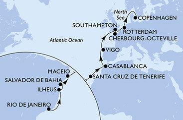 Brazília, Španielsko, Maroko, Veľká Británia, Francúzsko, Holandsko, Dánsko z Rio de Janeira na lodi MSC Preziosa