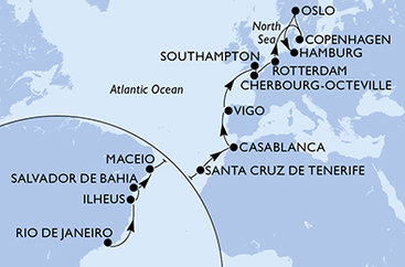 Brazília, Španielsko, Maroko, Veľká Británia, Francúzsko, Holandsko, Dánsko, Nórsko, Nemecko z Rio de Janeira na lodi MSC Preziosa