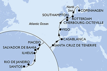 Brazília, Španielsko, Maroko, Veľká Británia, Francúzsko, Holandsko, Dánsko zo Santosu na lodi MSC Preziosa