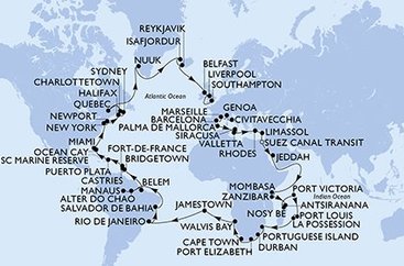 Taliansko, Francúzsko, Španielsko, Malta, Grécko, Cyprus, Egypt, Saúdská Arábie, Keňa, Tanzánie, Madagaskar, Seychely, Maurícius, Reunion, Mozambik, Juhoafrická republika, Namíbia, Zámořské území Velké Británie, Brazília, Barbados, Svätá Lucia, Martinik, Dominikánska republika, Bahamy, USA, Kanada, Autonomní oblast Dánska, Island, Veľká Británia z Civitavechie na lodi MSC Poesia