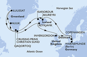 Nemecko, Island, Autonomní oblast Dánska, Veľká Británia, Dánsko z Warnemünde na lodi MSC Poesia