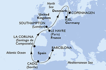 Španielsko, Francúzsko, Veľká Británia, Nemecko, Dánsko z Barcelony na lodi MSC Euribia