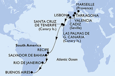 Francúzsko, Španielsko, Portugalsko, Brazília, Argentína z Marseille na lodi MSC Poesia