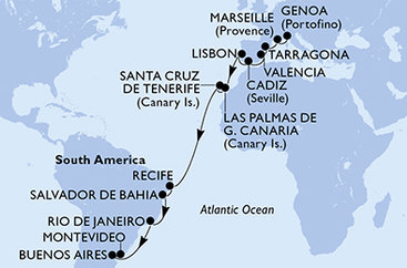 Taliansko, Francúzsko, Španielsko, Portugalsko, Brazília, Argentína, Uruguaj z Janova na lodi MSC Poesia