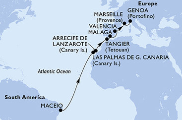 Brazília, Španielsko, Maroko, Francúzsko, Taliansko z Maceia na lodi MSC Grandiosa
