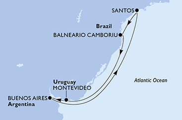 Brazília, Uruguaj, Argentína zo Santosu na lodi MSC Seaview