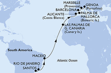 Brazília, Španielsko, Francúzsko, Taliansko zo Santosu na lodi MSC Seaview