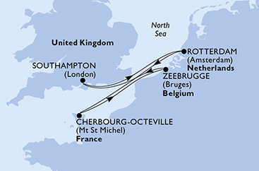 Veľká Británia, Holandsko, Francúzsko, Belgicko zo Southamptonu na lodi MSC Virtuosa