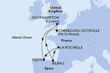 Veľká Británia, Španielsko, Francúzsko zo Southamptonu na lodi MSC Virtuosa