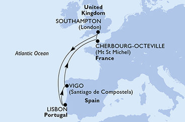 Veľká Británia, Portugalsko, Španielsko, Francúzsko zo Southamptonu na lodi MSC Virtuosa
