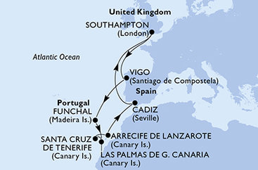 Veľká Británia, Španielsko, Portugalsko zo Southamptonu na lodi MSC Virtuosa