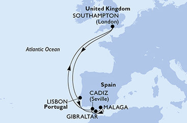 Veľká Británia, Portugalsko, Gibraltár, Španielsko zo Southamptonu na lodi MSC Virtuosa
