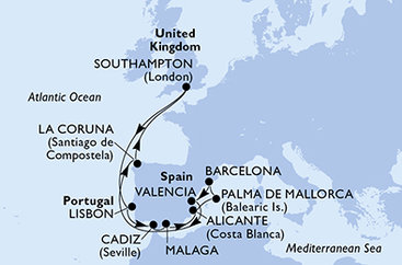 Veľká Británia, Portugalsko, Španielsko zo Southamptonu na lodi MSC Virtuosa