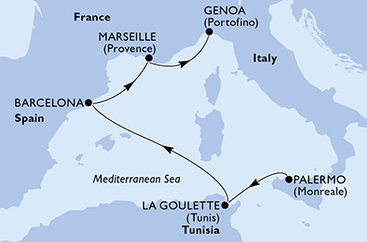 Taliansko, Tunisko, Španielsko, Francúzsko z Palerma na lodi MSC Fantasia