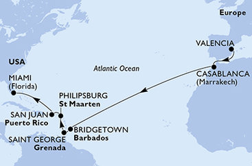 Španielsko, Maroko, Barbados, Grenada, Svatý Martin, USA z Valencie na lodi MSC Seaside