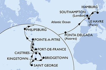 Martinik, Guadeloupe, Svätá Lucia, Barbados, Svätý Vincent a Grenadiny, Grenada, Svatý Martin, Portugalsko, Nemecko, Francie, Veľká Británia z Fort de France na lodi MSC Virtuosa