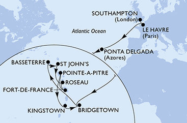 Veľká Británia, Francúzsko, Portugalsko, Barbados, Svätý Krištof a Nevis, Antigua a Barbuda, Dominika, Martinik, Guadeloupe, Svätý Vincent a Grenadiny zo Southamptonu na lodi MSC Virtuosa