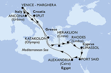 Taliansko, Grécko, Cyprus, Egypt, Chorvátsko z Ancony na lodi MSC Lirica