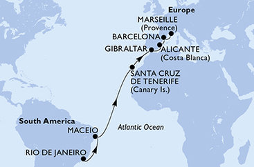 Brazília, Tenerife, Gibraltár, Španielsko, Francúzsko z Rio de Janeira na lodi MSC Seaview
