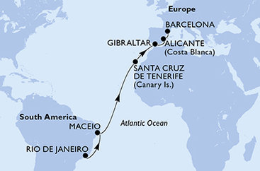 Brazília, Španielsko, Gibraltár z Rio de Janeira na lodi MSC Seaview