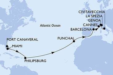 USA, Svatý Martin, Portugalsko, Španielsko, Francúzsko, Taliansko z Port Canaveralu na lodi MSC Grandiosa
