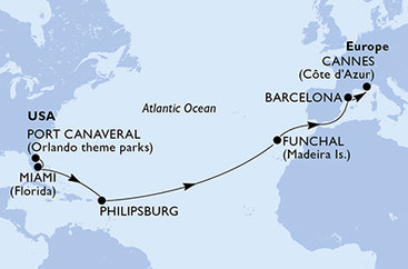 USA, Svatý Martin, Portugalsko, Španielsko, Francúzsko z Port Canaveralu na lodi MSC Grandiosa