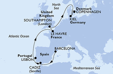 Španielsko, Portugalsko, Francúzsko, Veľká Británia, Nemecko, Dánsko z Barcelony na lodi MSC Euribia