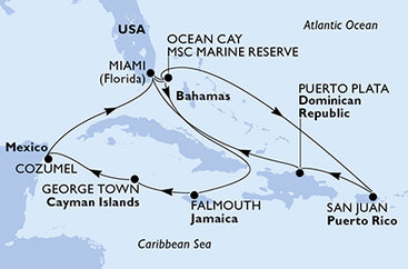 USA, Bahamy, Dominikánska republika, Jamajka, Kajmanské ostrovy, Mexiko z Miami na lodi MSC Seaside