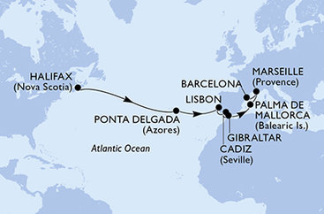 Kanada, Portugalsko, Španielsko, Gibraltár, Francúzsko z Halifaxu na lodi MSC Meraviglia