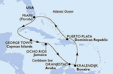 USA, Kajmanské ostrovy, Jamajka, Aruba, Bonaire, Dominikánska republika z Miami na lodi MSC Poesia