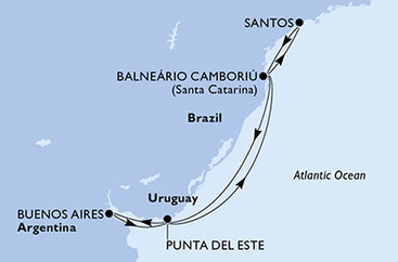 Argentína, Uruguaj, Brazília z Buenos Aires na lodi MSC Preziosa