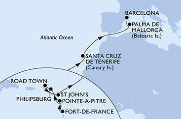 Martinik, Guadeloupe, Svatý Martin, Britské Panenské ostrovy, Antigua a Barbuda, Španielsko z Fort de France, Martinik na lodi MSC Seaview