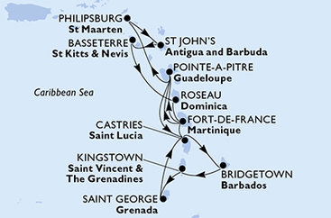 Barbados, Svätý Vincent a Grenadiny, Grenada, Svätá Lucia, Martinik, Guadeloupe, Svatý Martin, Antigua a Barbuda, Svätý Krištof a Nevis, Dominika z Bridgetownu na lodi MSC Seaview