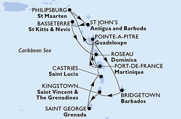 Martinik, Guadeloupe, Svatý Martin, Antigua a Barbuda, Svätý Krištof a Nevis, Dominika, Barbados, Svätý Vincent a Grenadiny, Grenada, Svätá Lucia z Fort de France, Martinik na lodi MSC Seaview