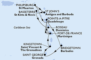 Barbados, Grenada, Svätý Vincent a Grenadiny, Martinik, Guadeloupe, Svatý Martin, Antigua a Barbuda, Svätý Krištof a Nevis, Dominika z Bridgetownu na lodi MSC Seaview