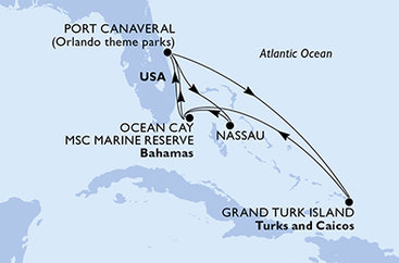 USA, Veľká Británia, Bahamy z Port Canaveralu na lodi MSC Seashore