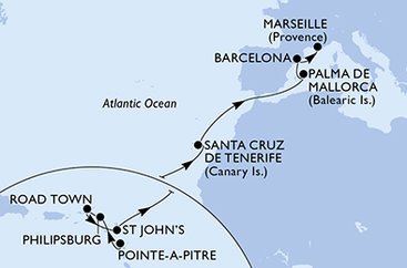 Guadeloupe, Svatý Martin, Britské Panenské ostrovy, Antigua a Barbuda, Španielsko, Francúzsko z Pointe-à-Pitre na lodi MSC Seaview