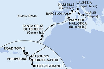 Martinik, Guadeloupe, Svatý Martin, Britské Panenské ostrovy, Antigua a Barbuda, Španielsko, Francúzsko, Taliansko z Fort de France, Martinik na lodi MSC Seaview