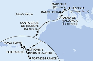 Martinik, Guadeloupe, Svatý Martin, Britské Panenské ostrovy, Antigua a Barbuda, Španielsko, Francúzsko, Taliansko z Fort de France, Martinik na lodi MSC Seaview