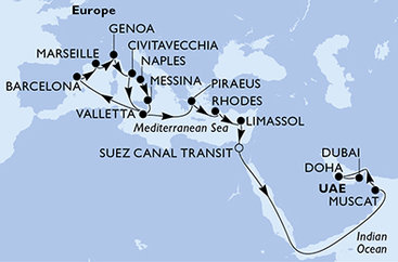 Taliansko, Malta, Španielsko, Francúzsko, Grécko, Cyprus, Egypt, Omán, Katar, Spojené arabské emiráty z Neapolu na lodi MSC World Europa