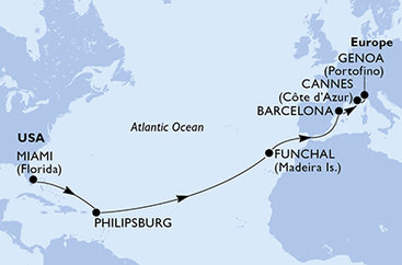 USA, Svatý Martin, Portugalsko, Španielsko, Francúzsko, Taliansko z Miami na lodi MSC Grandiosa