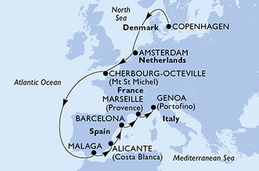 Dánsko, Holandsko, Francúzsko, Španielsko, Taliansko z Kodaně na lodi MSC Euribia