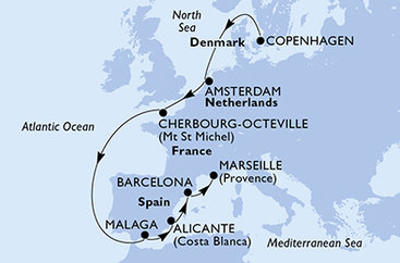Dánsko, Holandsko, Francie, Španielsko, Francúzsko z Kodaně na lodi MSC Euribia