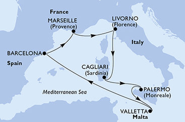 Španielsko, Francúzsko, Taliansko, Malta z Barcelony na lodi MSC Splendida